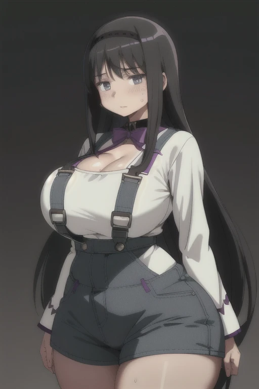 bp-homura, 1girl, long hair, solo, akemi homura, black hair, magical girl, 1girl, solo, huge breasts, huge thighs, narrow waist, wide hips, thick thighs, curvy, cleavage, naked overalls, collar,blushing,sweating, (breathing hard), (panting), anime, farm, (best quality), ((masterpiece)), (highres), (highly ultra detailed face and hair and skin and eyes and finger and background and hair:1.2)