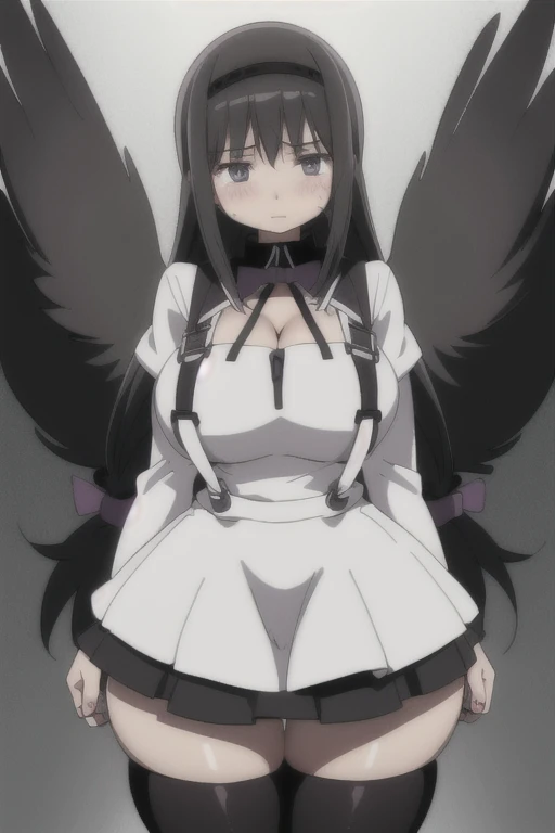 bp-homura, 1girl, long hair, solo, akemi homura, black hair, magical girl, 1girl, solo, huge breasts, huge thighs, narrow waist, wide hips, thick thighs, curvy, cleavage, naked overalls, collar,blushing,sweating, (breathing hard), (panting), anime, farm, (best quality), ((masterpiece)), (highres), (highly ultra detailed face and hair and skin and eyes and finger and background and hair:1.2)