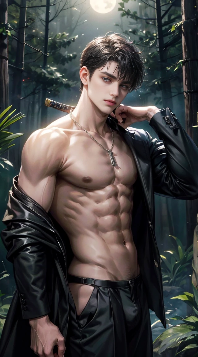 (best quality, masterpiece, highres:1.2), beautiful:1.5, black suit, black short hair:1.5, under the moonlight in a deep forest, no one around, looking at the viewer,symmetrical eyes, at night, holding a sword in his hand, shirtless , fully naked, wearing thong, with necklace,.  