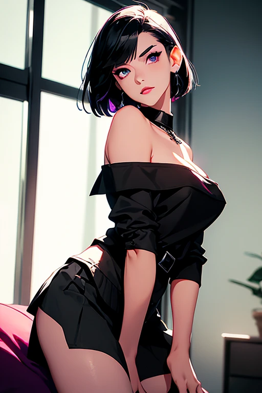 Eliza From Tekken, short black hair with bangs past her shoulders, short hair at the back of her head, sexy look, soft gothic makeup on her eyes, purple lipstick, casual light blouse with low neckline, short black skirt made of light fabric, sensual pose, in the room with lighting gentle on the environment