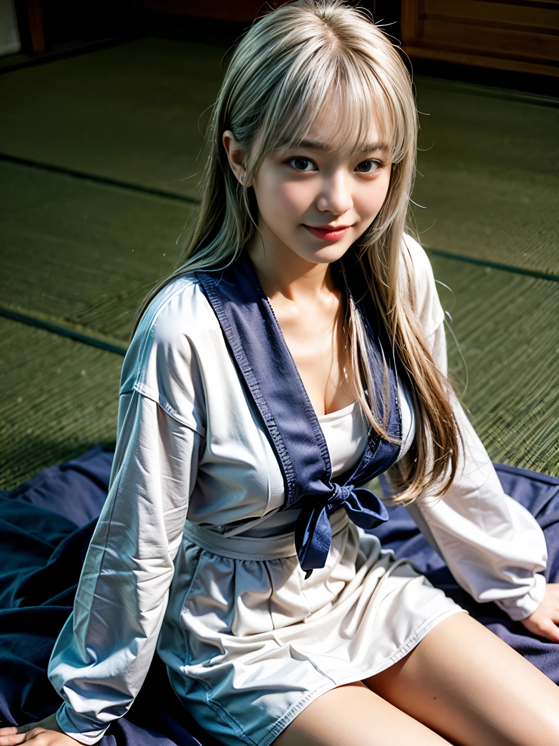 (photorealistic:1.37), ultimately realistic textures, clearly, highest quality,best image,Japanese girl,flat chest,long silver hair,beautiful girl,sailor suit,smile