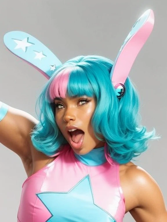 African girl in blue and pink anime cosplay outfit