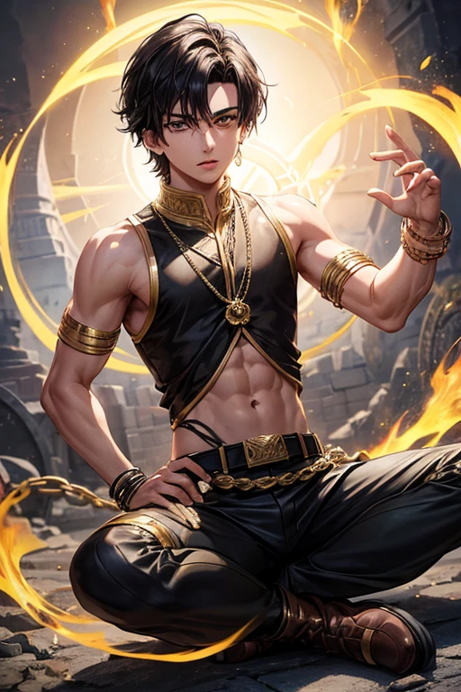 Rajeev Bugwatti, 20 years old, short dark golden brown hair, short messy hair, black colored eyes, djinn clothing, light yellow sleeveless open vest, light yellow vest with black Arabic print, light black Arabic pants, belt golden, djinn bracelet with silver gems, brown boots, phosphorescent yellow tattoos, surrounded by fire and golden smoke, tied with chains of hands and feet surrounded by white chains, magic circles in each hand light blue on a background of Arab ruins.
