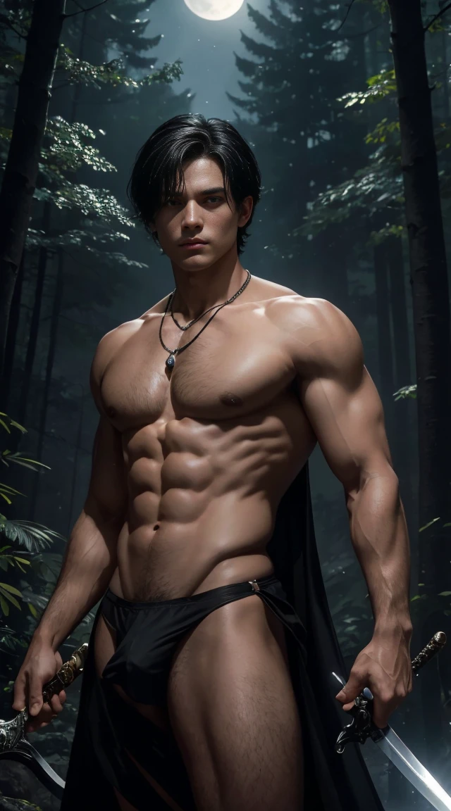 (best quality, masterpiece, highres:1.2), beautiful:1.5, black suit, black short hair:1.5, under the moonlight in a deep forest, no one around, looking at the viewer,symmetrical eyes, at night, holding a sword in his hand, shirtless , fully naked, wearing thong, with necklace,.  