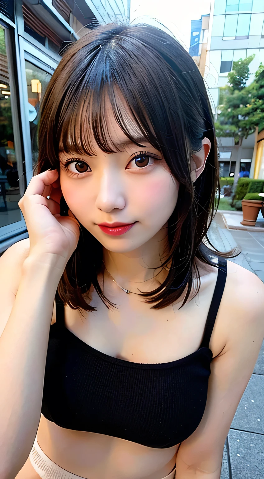 (8k, RAW Photos:1.2),Detailed face and eyes,最high quality, 超A high resolution, Very detailed ,Intricate details ,Tabletop ,pretty girl , Soft cinematic light, Hyper Detail,Sharp focus, high quality,Black-haired, Bobcut, outside, knit, panties, Peeking from below