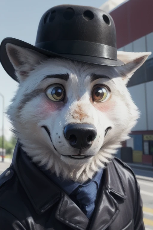 cute cartoon of (gary \(zootopia\)) wearing a (leather jacket) and (bowler hat which has a red robotic eye on the front), alone, wolf, white fur, BREAK, industrial factory background ( complex, high detail, film photography, soft focus, candid cinema RAW, photorealism, realistic, photorealistic, analog style, subsurface scattering, masterpiece, best quality, ultra realistic, 8k),
