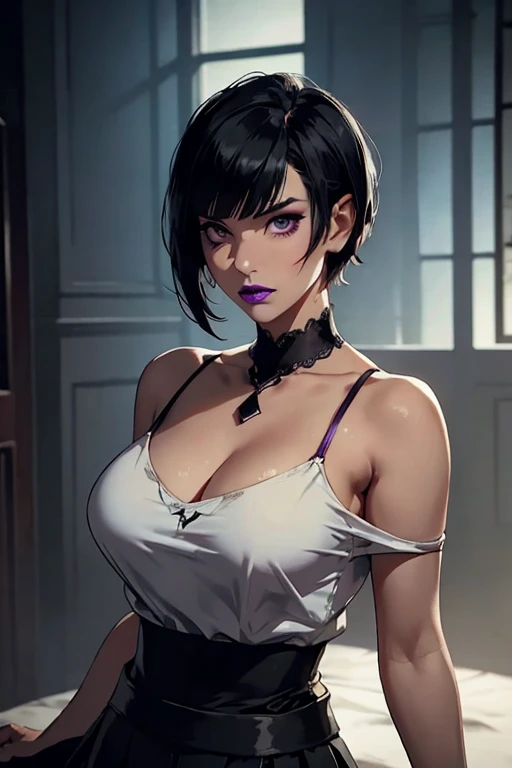 Eliza From Tekken, short black hair with bangs past her shoulders, short hair at the back of her head, sexy look, soft gothic makeup on her eyes, purple lipstick, casual light blouse with low neckline, short black skirt made of light fabric, sensual pose, in the room with lighting gentle on the environment