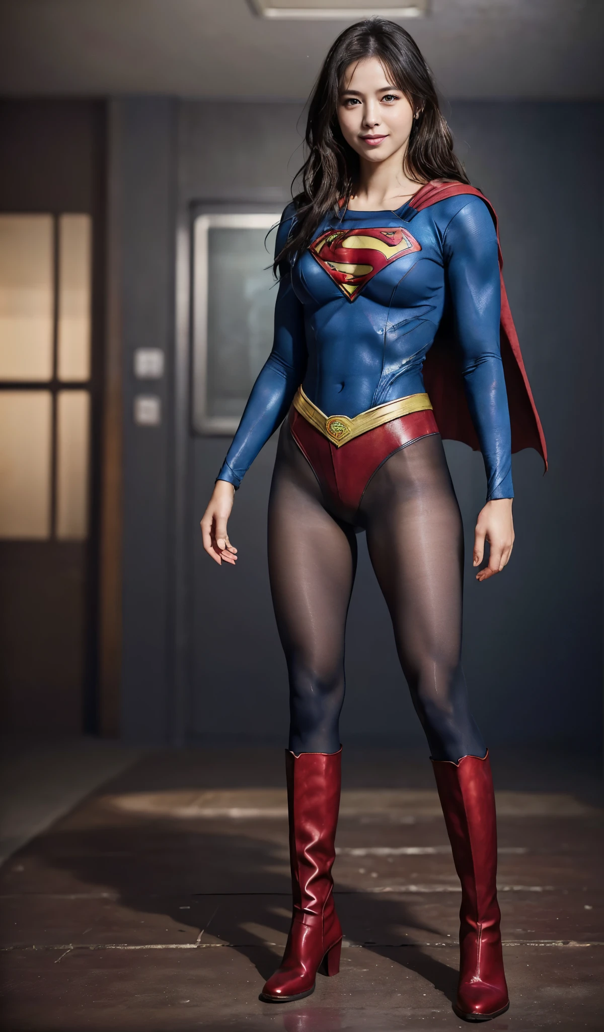 No background、(((Beautiful legs in black tights.)))、(((Legally express the beauty of your smile)))、((((Make the most of your original images)))、(((Body-hugging Supergirl costume)))、(((Supergirl Costume)))、(((Beautiful short hair)))、(((She is winking cutely.)))、(((Please wear black tights....、Wear red boots)))、((Best image quality、8k))、((highest quality、8k、masterpiece:1.3))、(((Preserve background )))、Sharp focus:1.2、Beautiful woman with perfect figure:1.4、Slim Abs:1.2、Wet body:1.5、Highly detailed face and skin texture、8k