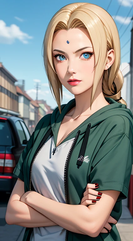 masterpiece, best quality, ultra-detailed, 1girl, upper body, 
long hair, blonde hair, french braid, blue eyes, blunt bangs, 
Wearing Streetwear Hoodie, stylish,
medium breast, cool attitude 
looking at viewer, Tsunade \(shippuden\)