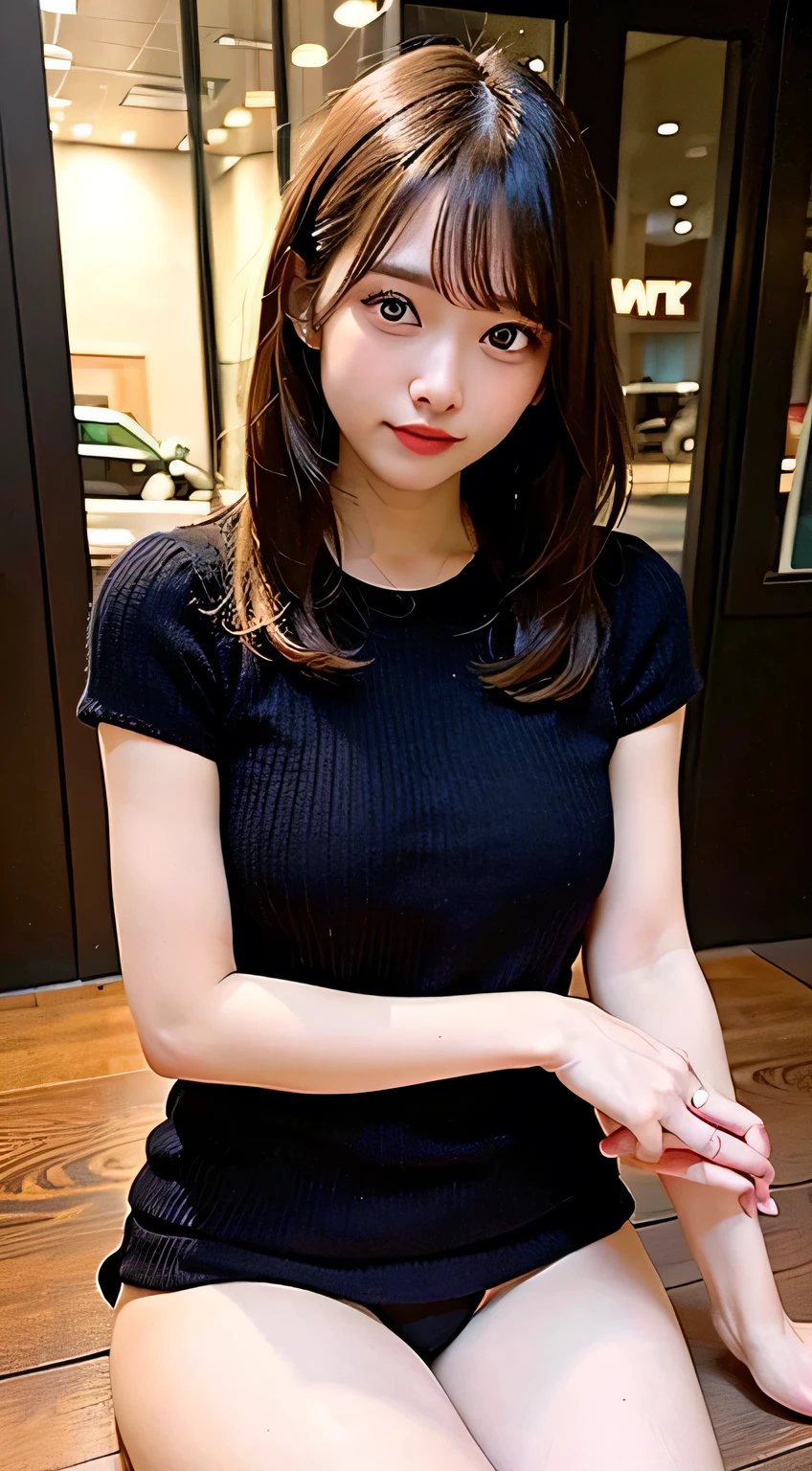 (8k, RAW Photos:1.2),Detailed face and eyes,最high quality, 超A high resolution, Very detailed ,Intricate details ,Tabletop ,pretty girl , Soft cinematic light, Hyper Detail,Sharp focus, high quality,Black-haired, Bobcut, outside, knit, panties, Peeking from below
