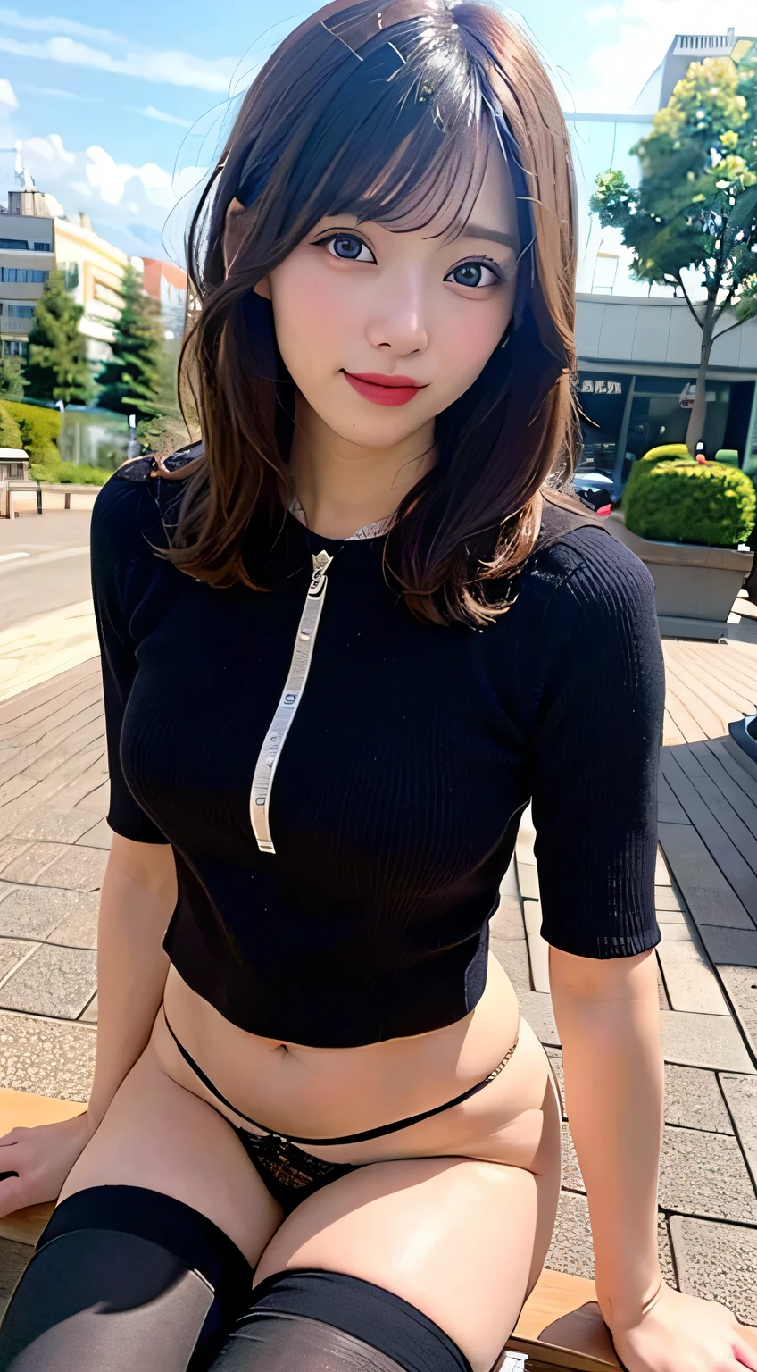 (8k, RAW Photos:1.2),Detailed face and eyes,最high quality, 超A high resolution, Very detailed ,Intricate details ,Tabletop ,pretty girl , Soft cinematic light, Hyper Detail,Sharp focus, high quality,Black-haired, Bobcut, outside, knit, panties, Peeking from below