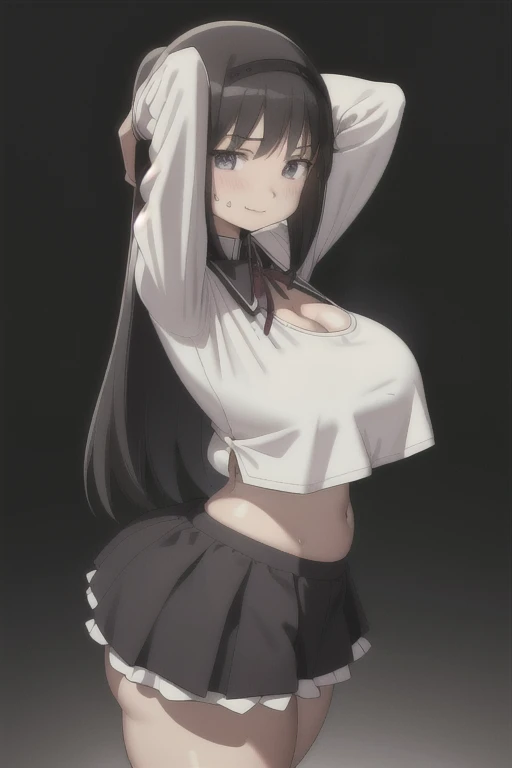 bp-homura, 1girl, long hair, solo, akemi homura, black hair, solo, huge breasts, huge ass, huge thighs, narrow waist, wide hips, thick thighs, curvy, cleavage, tight white t shirt, (underboob), red bloomers, blushing,sweating, (breathing hard), (panting), anime, smile, outdoors,, simple background, (best quality), ((masterpiece)), (highres), (highly ultra detailed face and hair and skin and eyes and finger and background and hair:1.2)