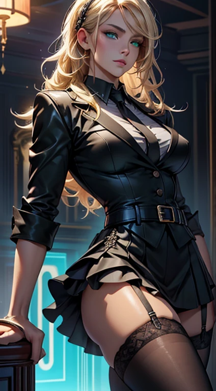 （tmasterpiece，A high resolution，best qualtiy：1.2），8K，highly detailed，complex，rich colourful，vibrant image，Clear focus，cinematic ligh） blond hairbl，long whitr hair，Green eyes，body builder （Wear black business attire，black_Collared shirt cropped jacket，tiese，tiese，Black frilled skirt，a garter belt，Leather belt） （Large, Perfect round breasts，Hourglass body，Big breasts Thin waist，Very thin waist， photograph realistic，（hyper realisitc：1）big breasts beautiful， tmasterpiece，Best quality at best，extremelydetailedface，s the perfect face，beauitful face，Perfect lighting，Detailed eye makeup，Details of the face，Nice detail eyes，pretty hand，perfect hand，glowing light eyes（realistic pupil，Realistic iris：1）Heavy eye makeup，（empty Casino）（Posing dynamically）panties