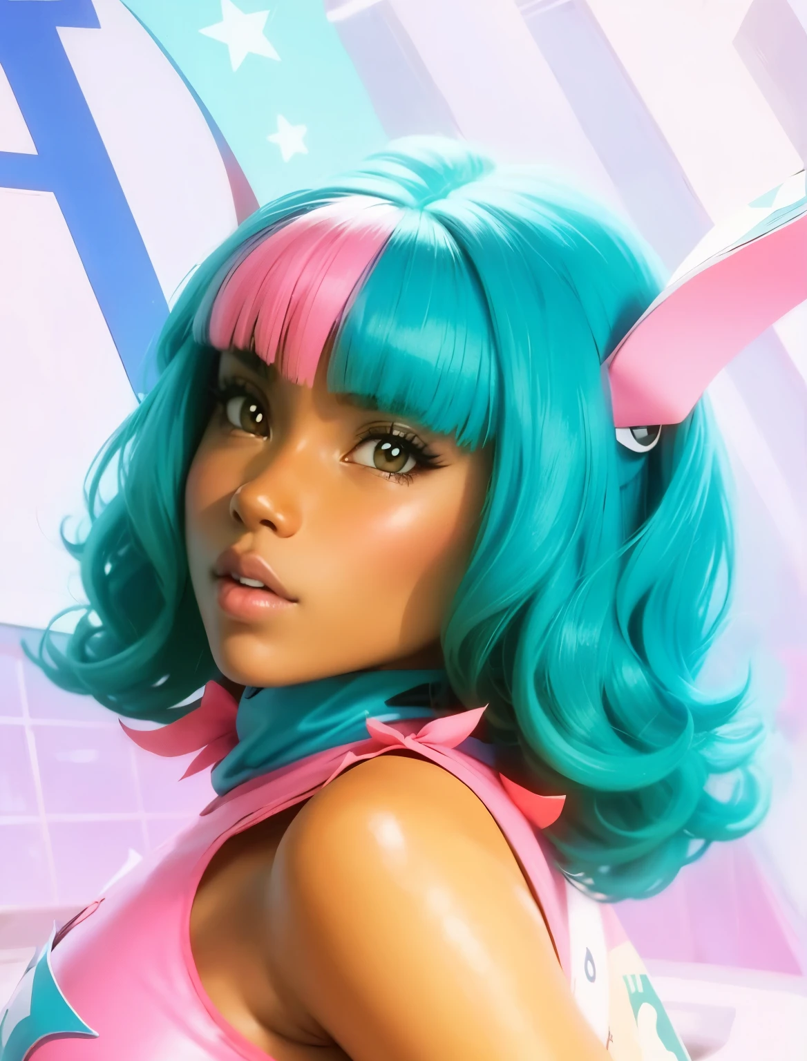 African girl in blue and pink anime cosplay outfit