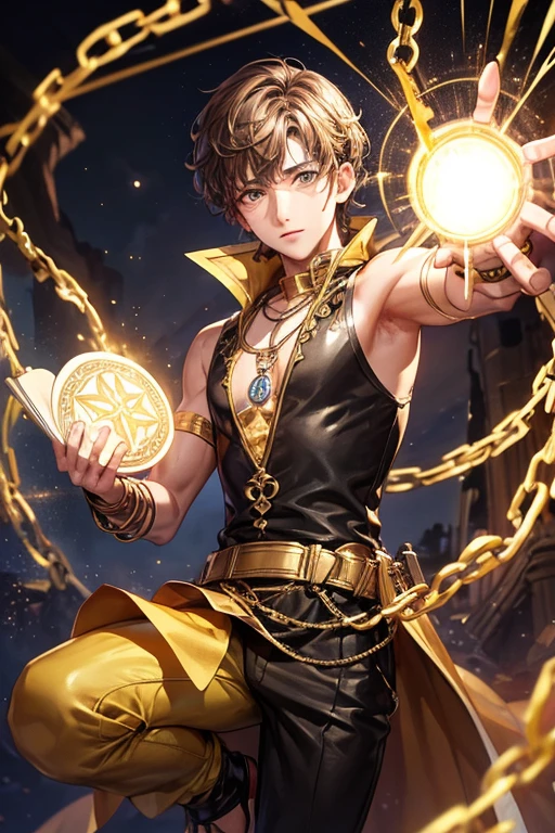 Milo Manheim, 20 years old, short dark golden brown hair, short messy hair, black colored eyes, djinn clothing, light yellow sleeveless open vest, light yellow vest with black Arabic print, light black Arabic pants, belt golden, djinn bracelet with silver gems, brown boots, phosphorescent yellow tattoos, surrounded by fire and golden smoke, tied with chains of hands and feet surrounded by white chains, magic circles in each hand light blue on a background of Arab ruins.