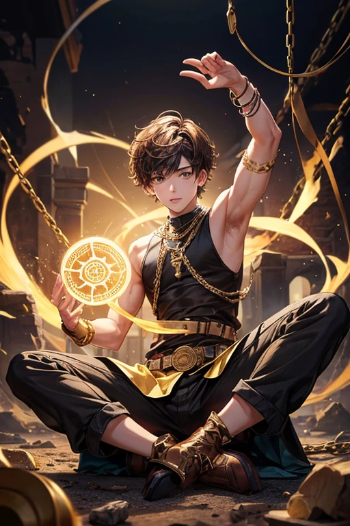 Li Shang, 20 years old, short dark golden black hair, short messy hair, dark black eyes, djinn clothing, light gray sleeveless open vest, light silver vest with golden Arabic print, light silver Arabic pants, golden belt , djinn bracelet with silver gems, brown boots, phosphorescent red tattoos, surrounded by fire and yellow smoke, delegate muscular build, hands tied with chains and feet surrounded by white chains, golden magic circles on each hand on a background of ruins Arabs.