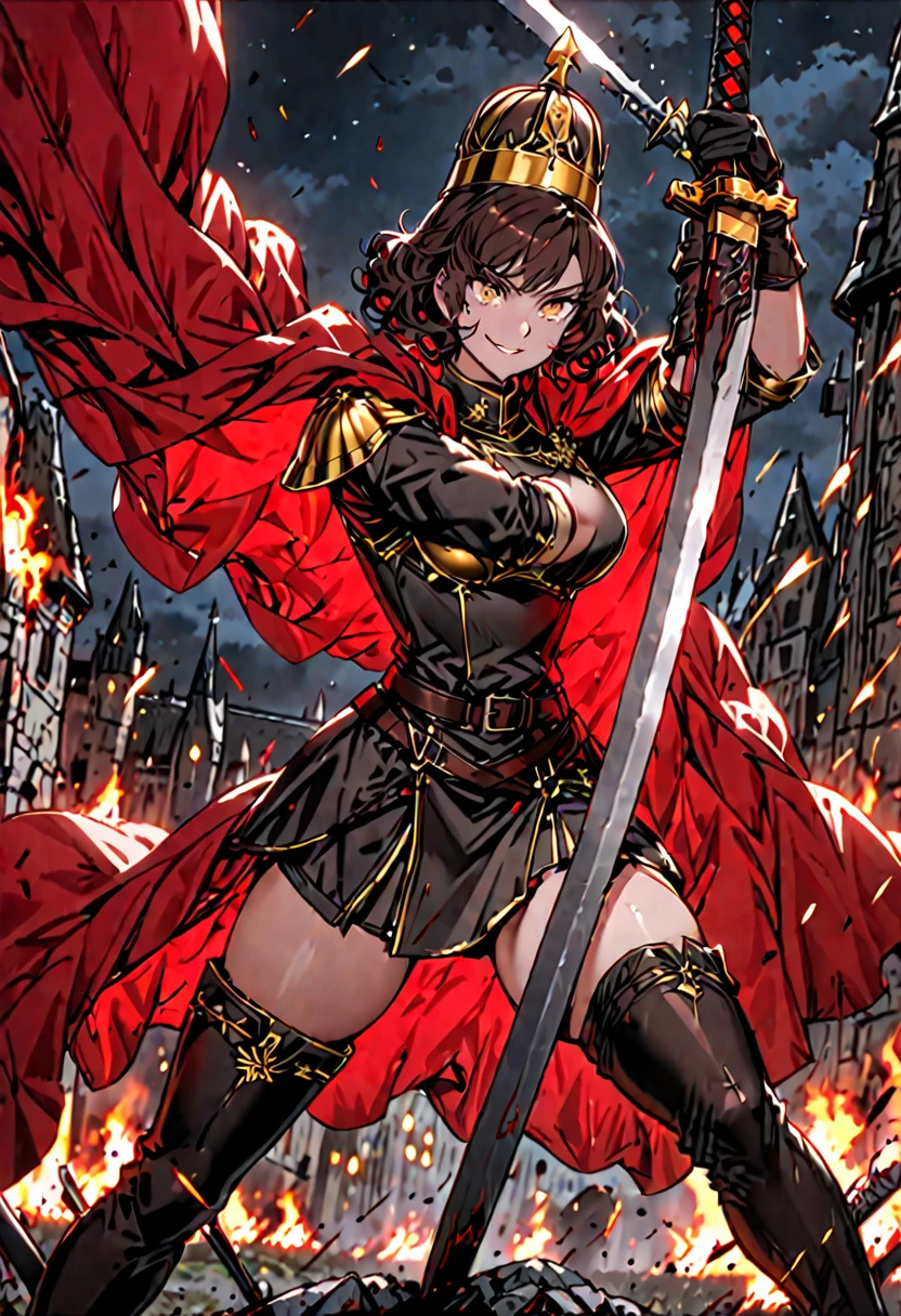 Solo, female, sfw, medium shot, short hair, curly hair, dark auburn hair, extremely tall, large woman, golden eyes, black military uniform, red cape, thigh boots, smile, blood, battlefield, pickelhaube, muscular, leather gloves, adjusting gloves, action pose, bastard sword, huge sword, armored skirt, armor:0.3, night, medieval, strong thighs, swinging sword