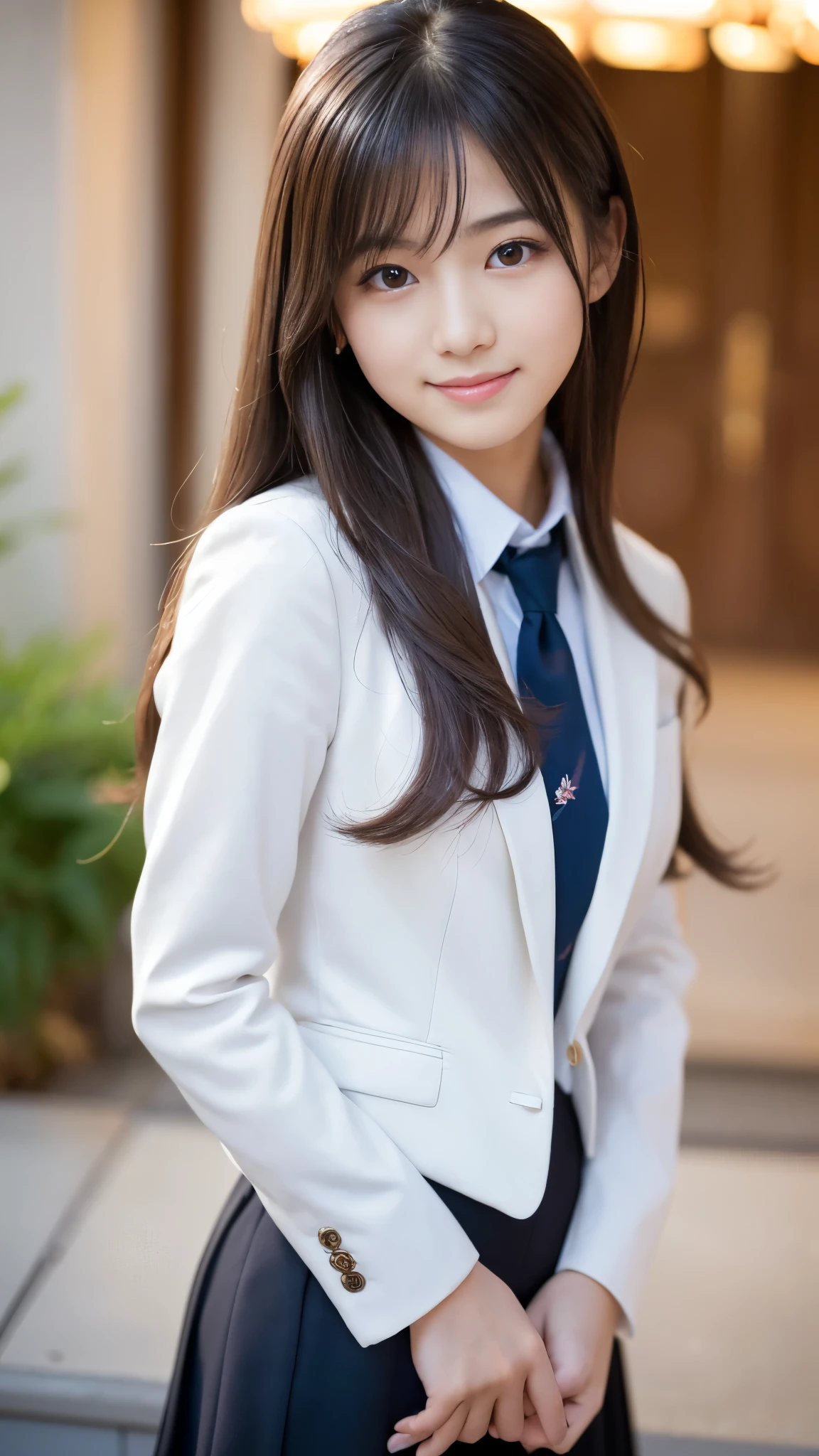 (Best-quality, Masterpiece, Ultra-High-Resolution, (Photorealistic:1.4), Raw Photo, depth of field, professional lighting, perfect anatomy, extremely details), 1girl, 15-years-old, the most famous Japanese idol, at high-school, wearing formal business suit, (extremely cute face like the most popular Japanese idol, (extremely cute ane extremely big black-eyes), extremely beautiful hair, extremely beautiful skins, extremely cute long-eyelashes, extremely cute lips), looking at viewer, innocent smile