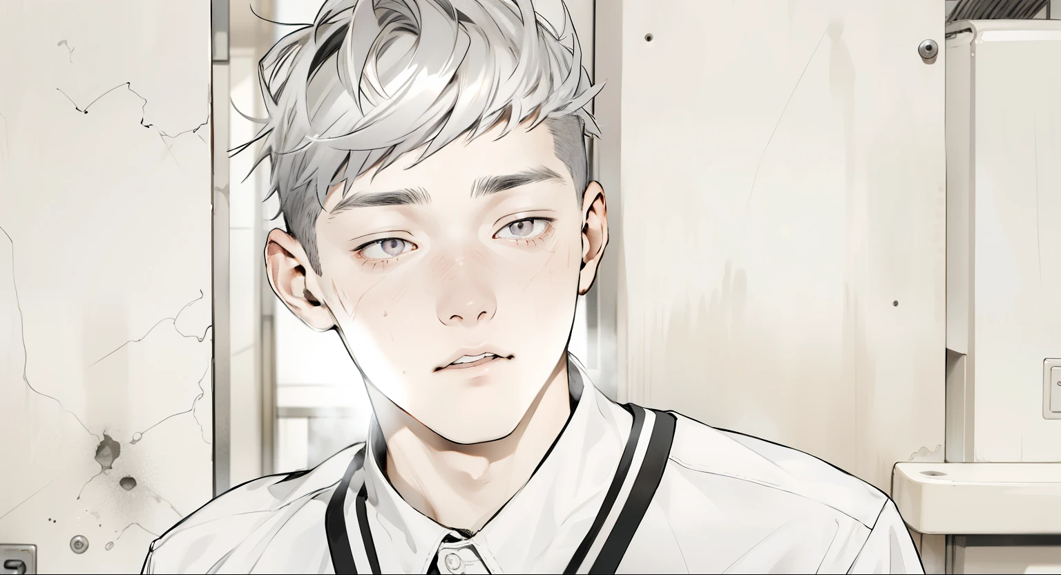 young 17 year old man is scared worried is scared has gray hair gray eyes