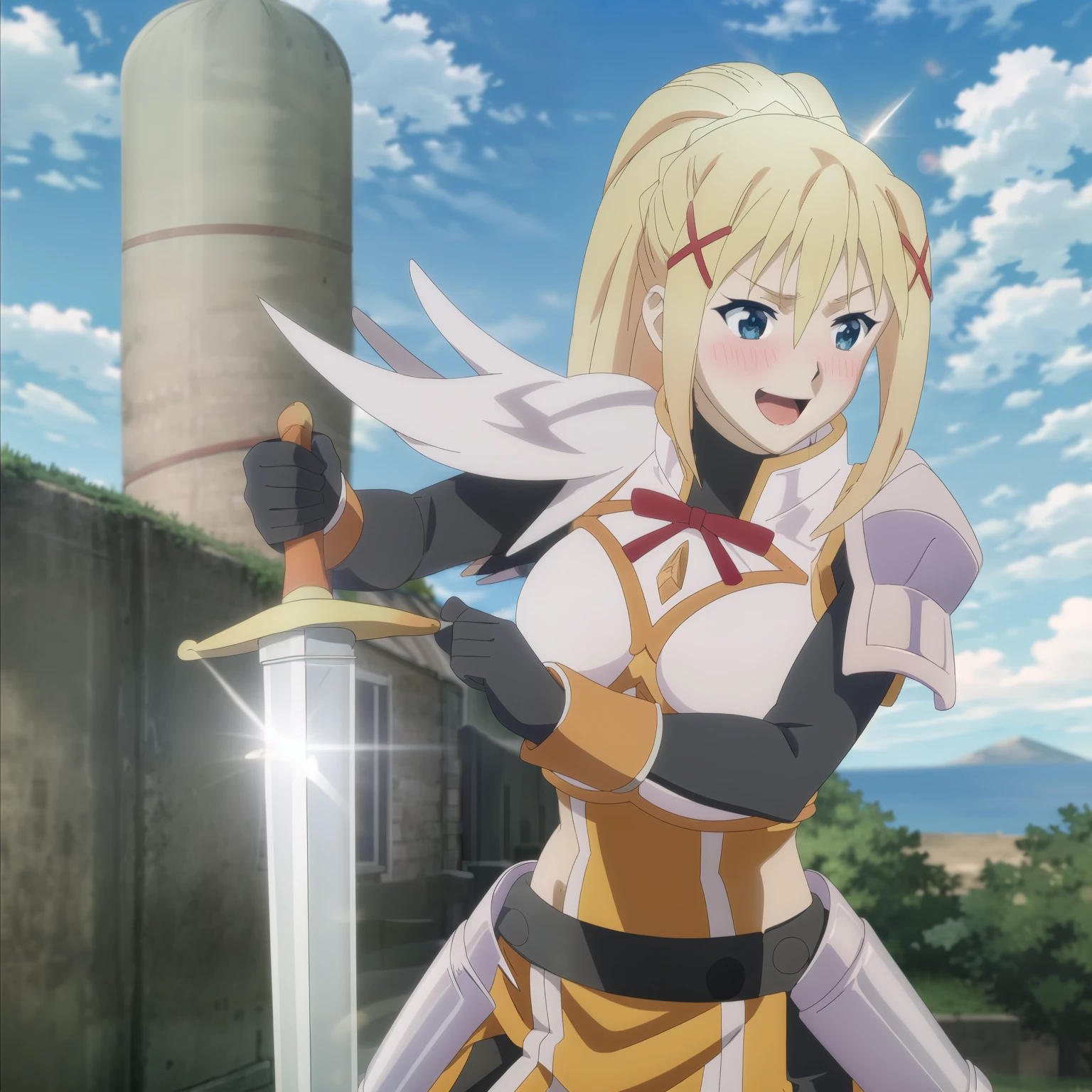 1 girl, solo, long hair, blush, smile, open mouth, blue eyes, blonde hair, hair ornament, bow, hair between the eyes, whole body, ponytail, sky, sun, clouds, armor, blue sky, holding a sword , x hair ornament, meme