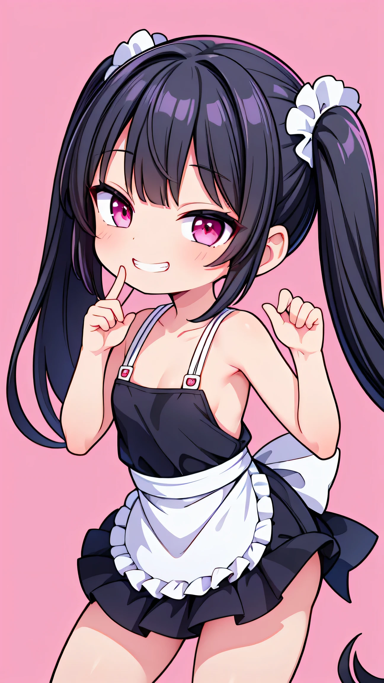 (8K, Highest image quality, highest quality, masterpiece), detailed face, ((one li)), black hair, short twintails, pink eyes, evil smile, ((grin)), small breasts, naked apron, cowboy shot, put your hand on your mouth, kitchen background