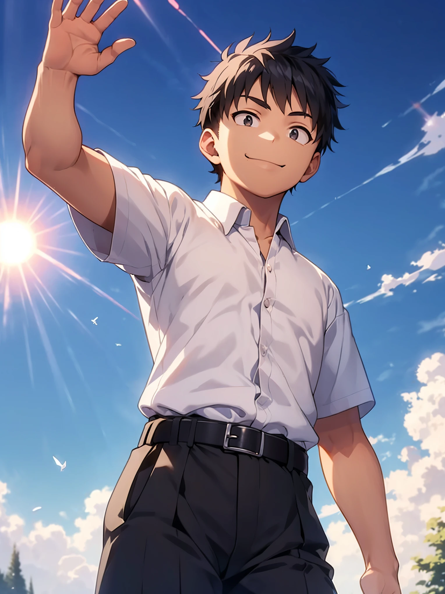 1 boy,black eyes,(detailed eyes),smile,arm up,(waving),Greet,18 years old,white open collared shirt,Short sleeves,black slacks,belt,(morning sun:1.2),School zone,detailed skin,masterpiece
