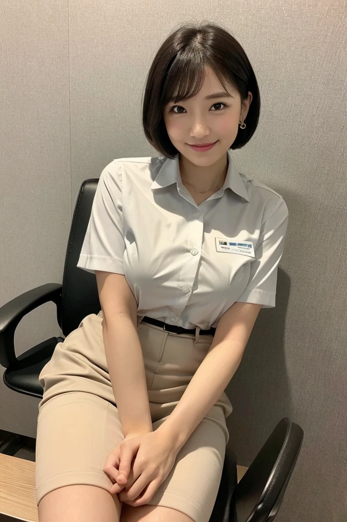 (Natural background), masterpiece, highest quality, shape, Very detailed, finely, High resolution, 8k wallpaper, 完璧なダイナミックな構shape, finelyて美しい目, Natural color lip, Random pose, smile, ((office)), Beautiful woman,Big Breasts、short hair、Full Body Shot, ((working office uniform)), (dark), Thinking Ahead, Sit on a chair