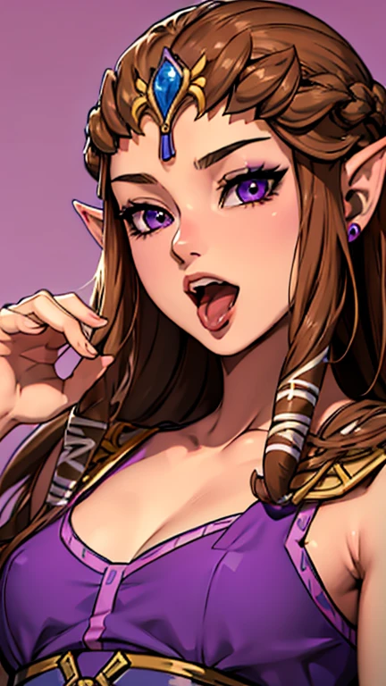8K high quality, high accuracy, Princess Zelda, beautiful figure, beautiful face, Princess Dusk, beautiful, bright, highlights in eyes, small ears, brown hair, beautiful line drawing. Open mouth, tongue sticking out, purple background,