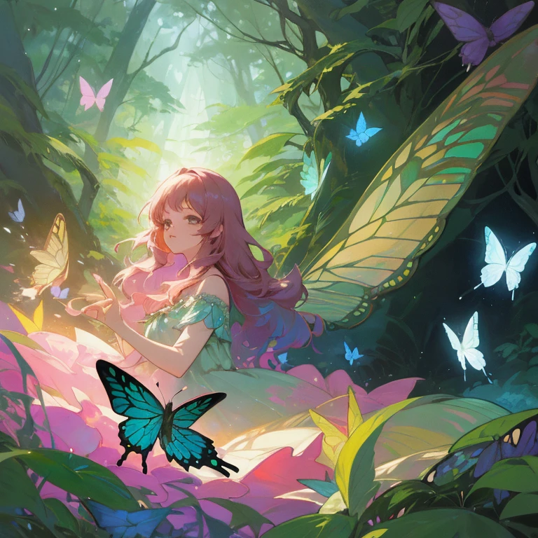Medium acrylic painting, (Girl in enchanted forest with fluttering butterflies:1.3), Whimsical composition, Flowing dress, Delicate creatures, (Vibrant colors:1.2), Enchanted atmosphere, Lush greenery, Ethereal lighting.