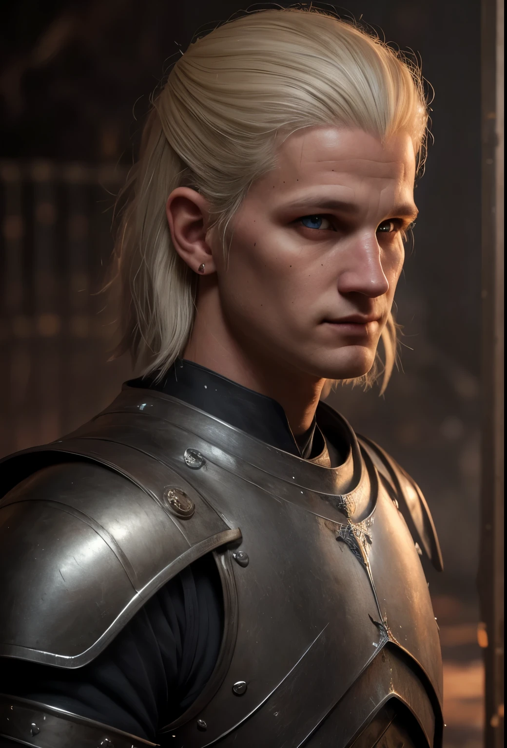 (8k, RAW photo, highest quality),(epic realistic:1.5), 1boy, caucasian, white hair, smirk, ((bright red eyes)), photorealistic, evil look, full armor, dark souls, intricate details,cinematic, dark studio,(hdr:1.5),detailed, muted colors, realistic, intricate, detailed face, realistic eyes.