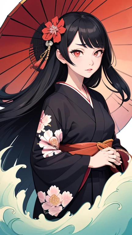 Ukiyo-e_style,flat_style,_colors,masterpiece, katsushika_hokusai,long_hair,hair_flower,black_hair,red_eyes,red_sky,chinoiserie,best_quality,kimono,ultra-detailed,illustration,Maple_leavelying,1girl,solo,an_extremely_delicate_and_beautiful,blank_stare,close_to_viewer,breeze,Flying_splashes,Flying_petals,wind,Gorgeous and rich graphics