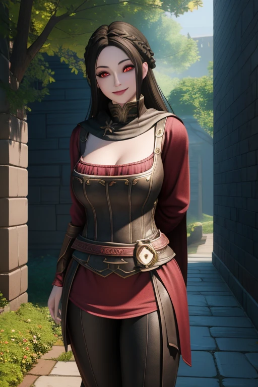 masutepiece, Best Quality, (Colorful), (Delicate eyes and face), Volumetric Lights, Ray tracing, the Extremely Detailed CG Unity 8K Wallpapers, serana, 1girl in, Red Eyes, Looking at Viewer, Seductive smile, arms behind back, evening, garden, gloomy castle