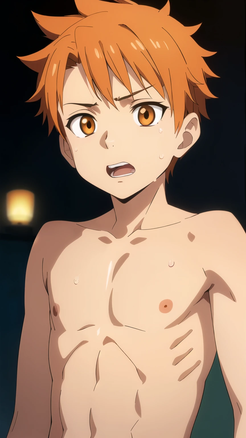 Highres, Masterpiece, Best quality at best,Best Quality,hight quality, hight detailed, Anime style, 1boy, Shota, Shirtless, depth of field, Look like good boy, (very young boy), (very small and short body), -yeld bo Little sweat, Blurry beckground, orange eyes, orange hair, solo, spiked hair, spot color, teeth, upper body, Uhd, bokeh