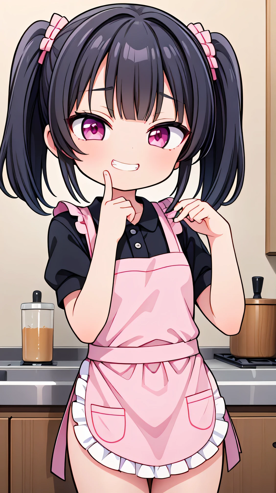 (8K, Highest image quality, highest quality, masterpiece), detailed face, ((one loli)), black hair, short twintails, pink eyes, evil smile, ((grin)), small breasts, naked apron, cowboy shot, put your hand on your mouth, kitchen background