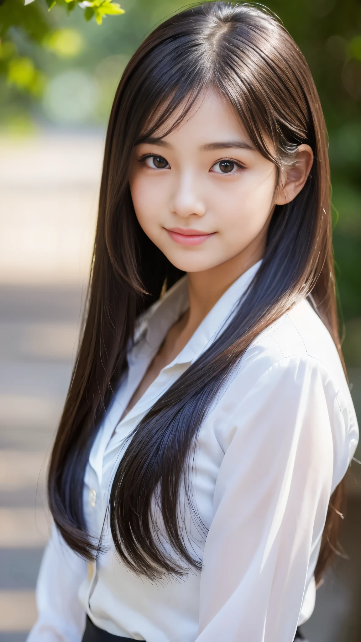 (Best-quality, Masterpiece, Ultra-High-Resolution, (Photorealistic:1.4), Raw Photo, depth of field, professional lighting, perfect anatomy, extremely details), 1girl, 15-years-old, the most famous Japanese idol, at high-school, wearing formal business suit, (extremely cute face like the most popular Japanese idol, (extremely cute ane extremely big black-eyes), extremely beautiful hair, extremely beautiful skins, extremely cute long-eyelashes, extremely cute lips), looking at viewer, innocent smile