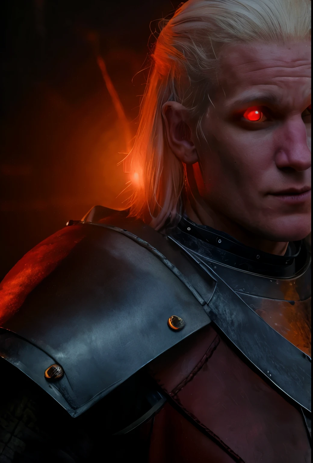 (8k, RAW photo, highest quality),(epic realistic:1.5), 1boy, caucasian, white hair, smirk, ((bright red eyes)), photorealistic, evil look, full armor, dark souls, intricate details,cinematic, dark studio,(hdr:1.5),detailed, muted colors, realistic, intricate, detailed face, realistic eyes.