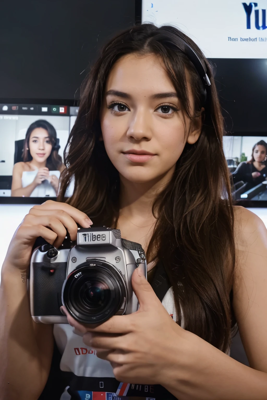 A person creating content for YouTube or social media. The image shows a man or woman recording a video, with a camera set up in front of them and various social media icons (YouTube, Instagram, Facebook, Pinterest, TikTok) visible in the background, illustrating the process of producing online content.
