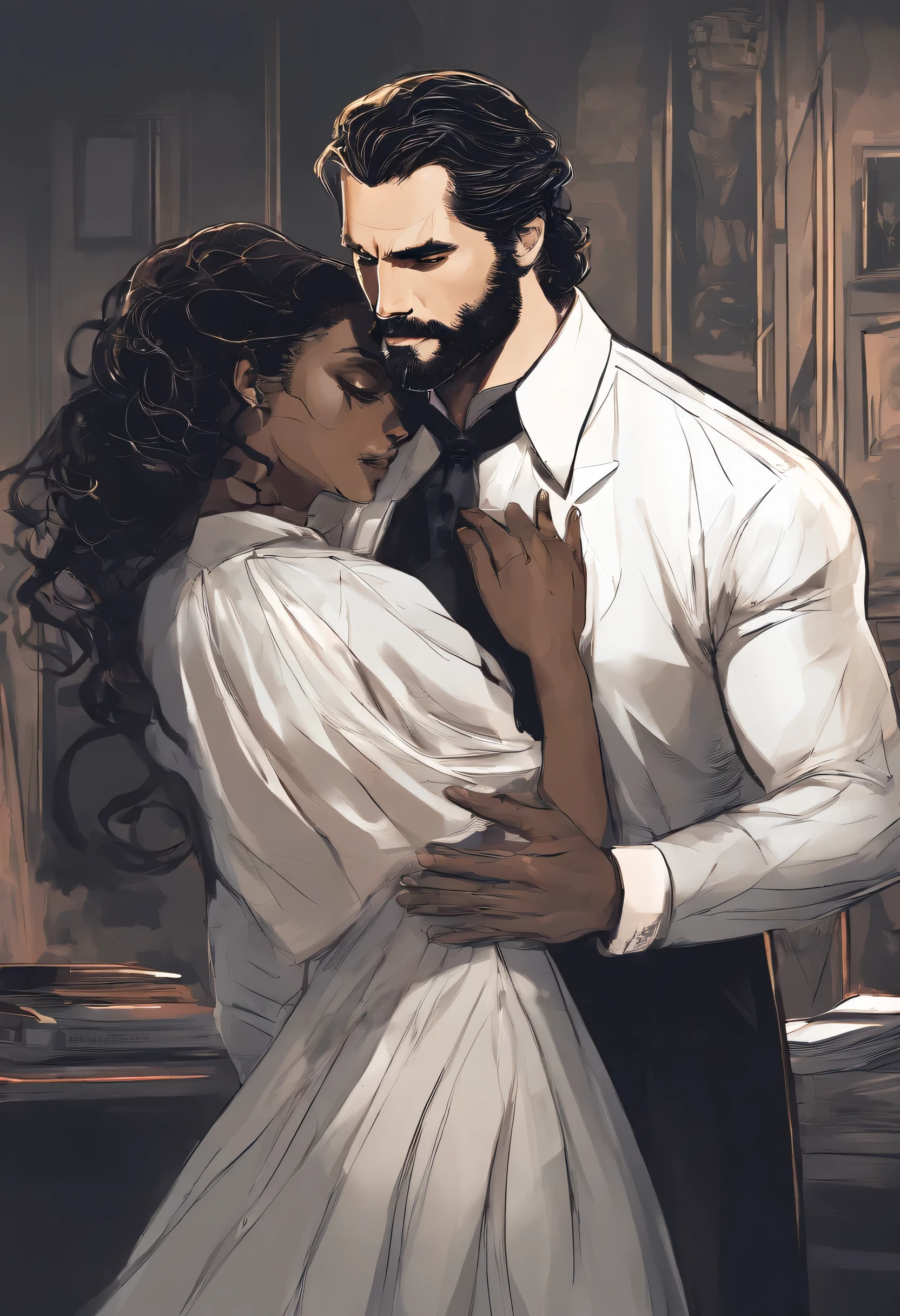 Mulher negra com cabelos longos parecida com Zandaya, romantically embracing bearded Henry Cavill, usando um terno elegante, in an office under low light, aura misteriosa