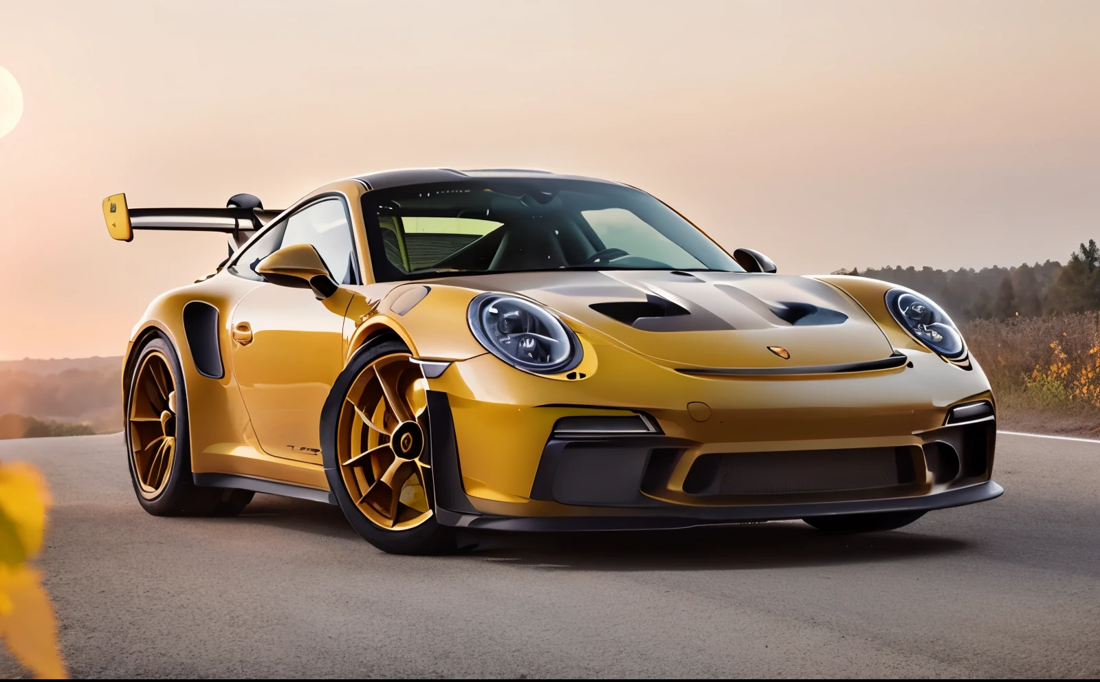 a yellow Porsche 911 gt3 ,autumn forest, sunset, leaves falling, first snow
