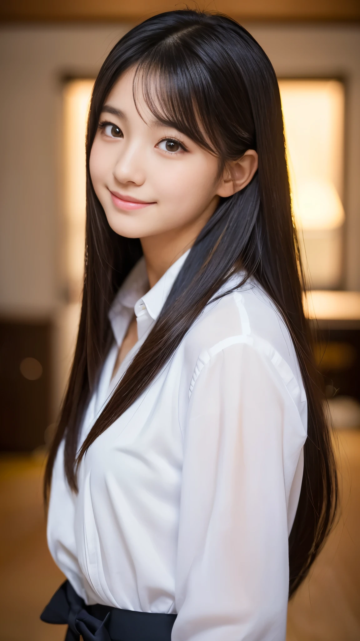 (Best-quality, Masterpiece, Ultra-High-Resolution, (Photorealistic:1.4), Raw Photo, depth of field, professional lighting, perfect anatomy, extremely details), 1girl, 15-years-old, the most famous Japanese idol, at high-school, wearing formal business suit, (extremely cute face like the most popular Japanese idol, (extremely cute ane extremely big black-eyes), extremely beautiful hair, extremely beautiful skins, extremely cute long-eyelashes, extremely cute lips), looking at viewer, innocent smile, dynamic pose