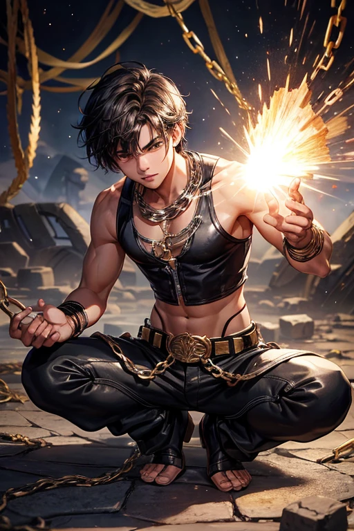 Taylor Lautner, 20 years old, short dark brown black hair, short messy hair, black eyes, djinn clothing, light silver sleeveless open vest, light silver vest with black Arabic print, light black Arabic pants, gold belt, bracelet djinn with silver gems, brown boots, phosphorescent yellow tattoos, surrounded by fire and blue smoke, hands tied with chains and feet surrounded by white chains, red magic circles on each hand on a background of Arabian ruins.