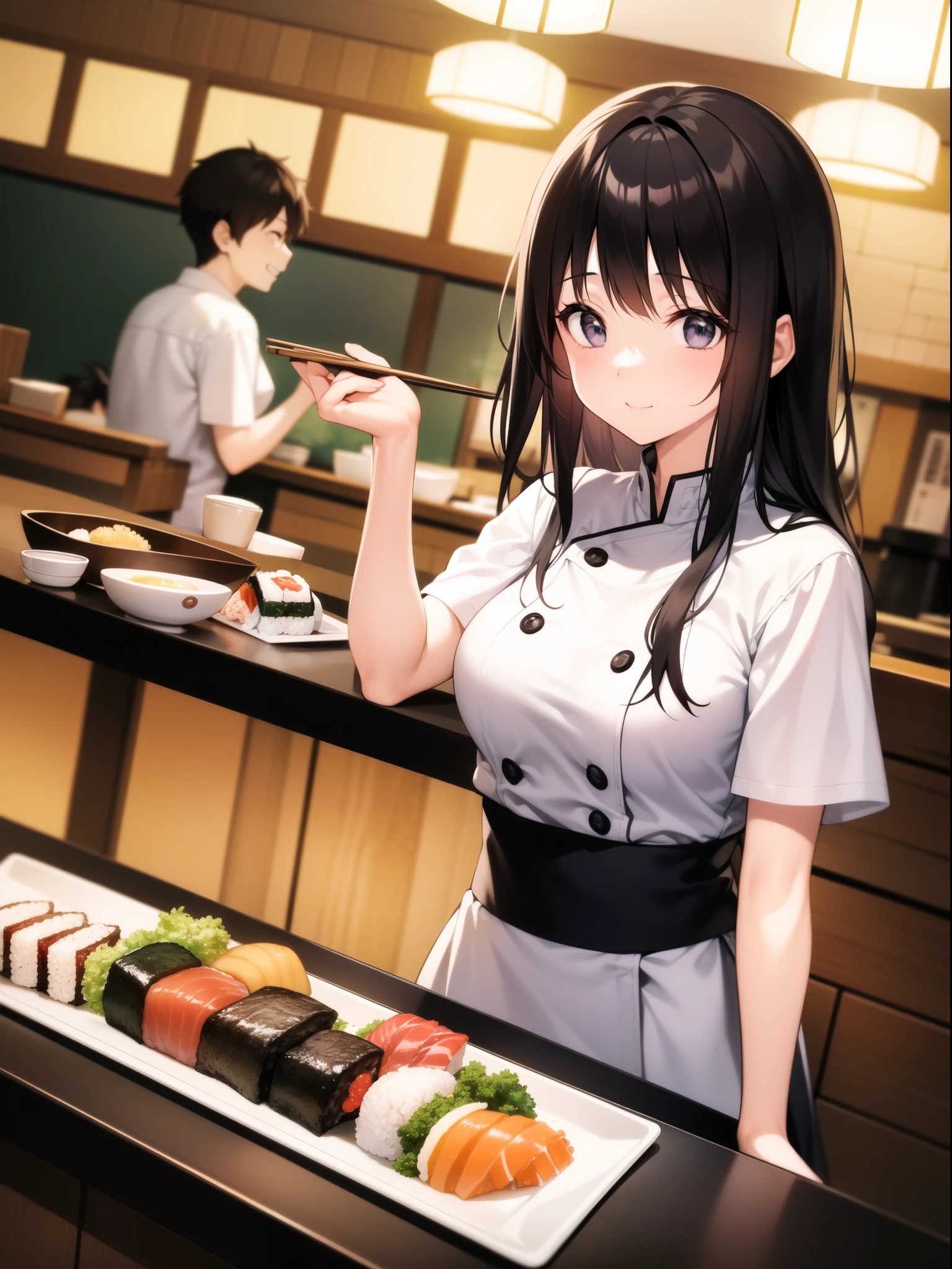 Young woman sitting at a sushi bar and enjoying sushi。The restaurant has a bright and modern design.、There is a welcoming atmosphere。There are several sushi plates lined up on the counter.、In the background you can see sushi chefs working.。The woman has long black hair and is dressed casually.、They have a happy and relaxed look。Other customers can be seen in the background.、It adds to the lively atmosphere of the sushi bar.。