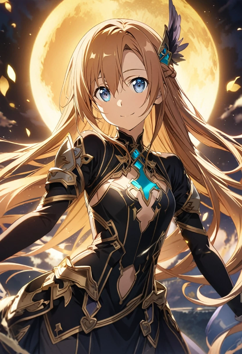 Boy, Yuuki Asuna \(Sword Art Online\), long golden hair, silver eyes:1.2, black costume, bangs, gentle smile, fallen angel wings, ((ultra-detailed)), ((illustration)), ((flowing hair)), (beautiful detailed eyes), 1boy, floating, ((gold moon)), looking at viewer