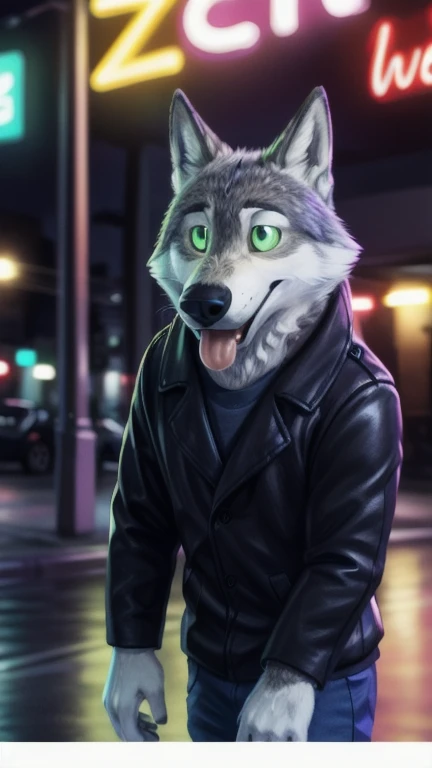 cute cartoon of a (gary \(zootopia\)) wearing a (leather jacket), solo, wolf, white fur, tongue out, completely glowing green eyes with no irises or pupils, walking on all fours, BREAK, background gay bar,  neon lights, sexual depravity, BREAK, (intricate, high detail, film photography, soft focus, RAW candid cinema, photorealism, realistic, photorealistic, analog style, subsurface scattering, masterpiece, best quality, ultra realistic, 8k), 