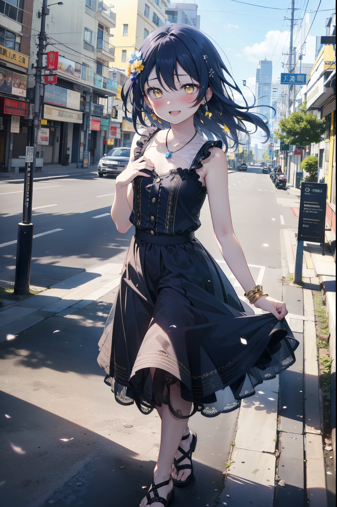Kamisonoda, Umi Sonoda, Long Hair, Blue Hair, (Yellow Eyes:1.5) (Flat Chest:1.2),happy smile, smile, Open your mouth,blush,Blue sleeveless dress,Bare arms、Blue long skirt,Cute Sandals,Daytime,Clear skies,whole bodyがイラストに入るように,Walking,
break looking at viewer,whole body,
break outdoors, In town,Building district,Coastal Road,
break (masterpiece:1.2), highest quality, High resolution, unity 8k wallpaper, (figure:0.8), (Beautiful fine details:1.6), Highly detailed face, Perfect lighting, Highly detailed CG, (Perfect hands, Perfect Anatomy),