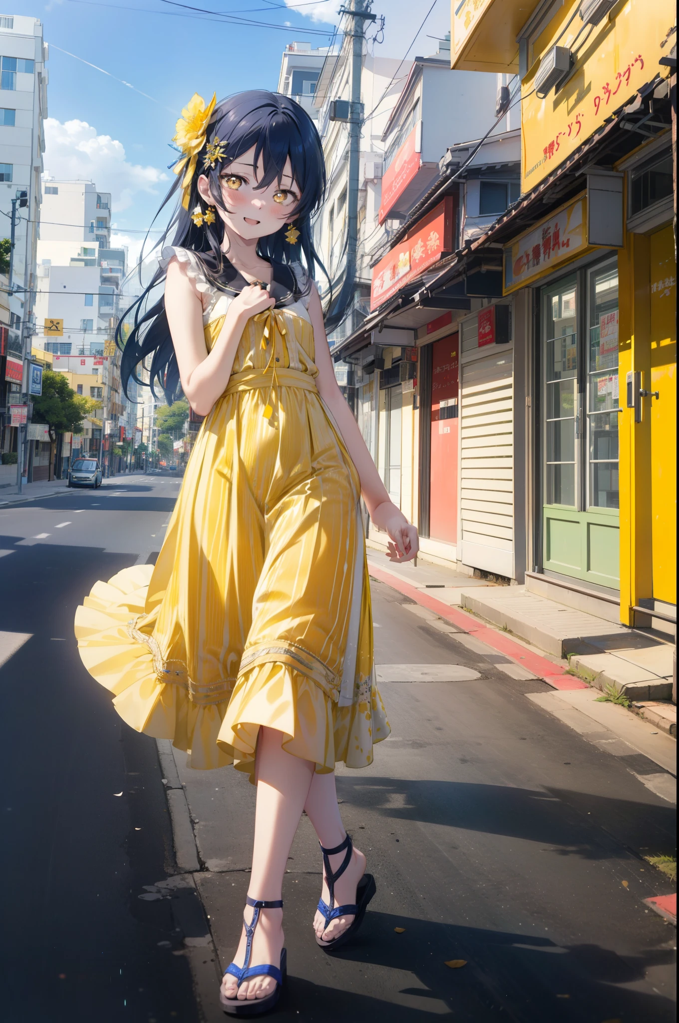 Kamisonoda, Umi Sonoda, Long Hair, Blue Hair, (Yellow Eyes:1.5) (Flat Chest:1.2),happy smile, smile, Open your mouth,blush,Blue sleeveless dress,Bare arms、Blue long skirt,Cute Sandals,Daytime,Clear skies,whole bodyがイラストに入るように,Walking,
break looking at viewer,whole body,
break outdoors, In town,Building district,Coastal Road,
break (masterpiece:1.2), highest quality, High resolution, unity 8k wallpaper, (figure:0.8), (Beautiful fine details:1.6), Highly detailed face, Perfect lighting, Highly detailed CG, (Perfect hands, Perfect Anatomy),