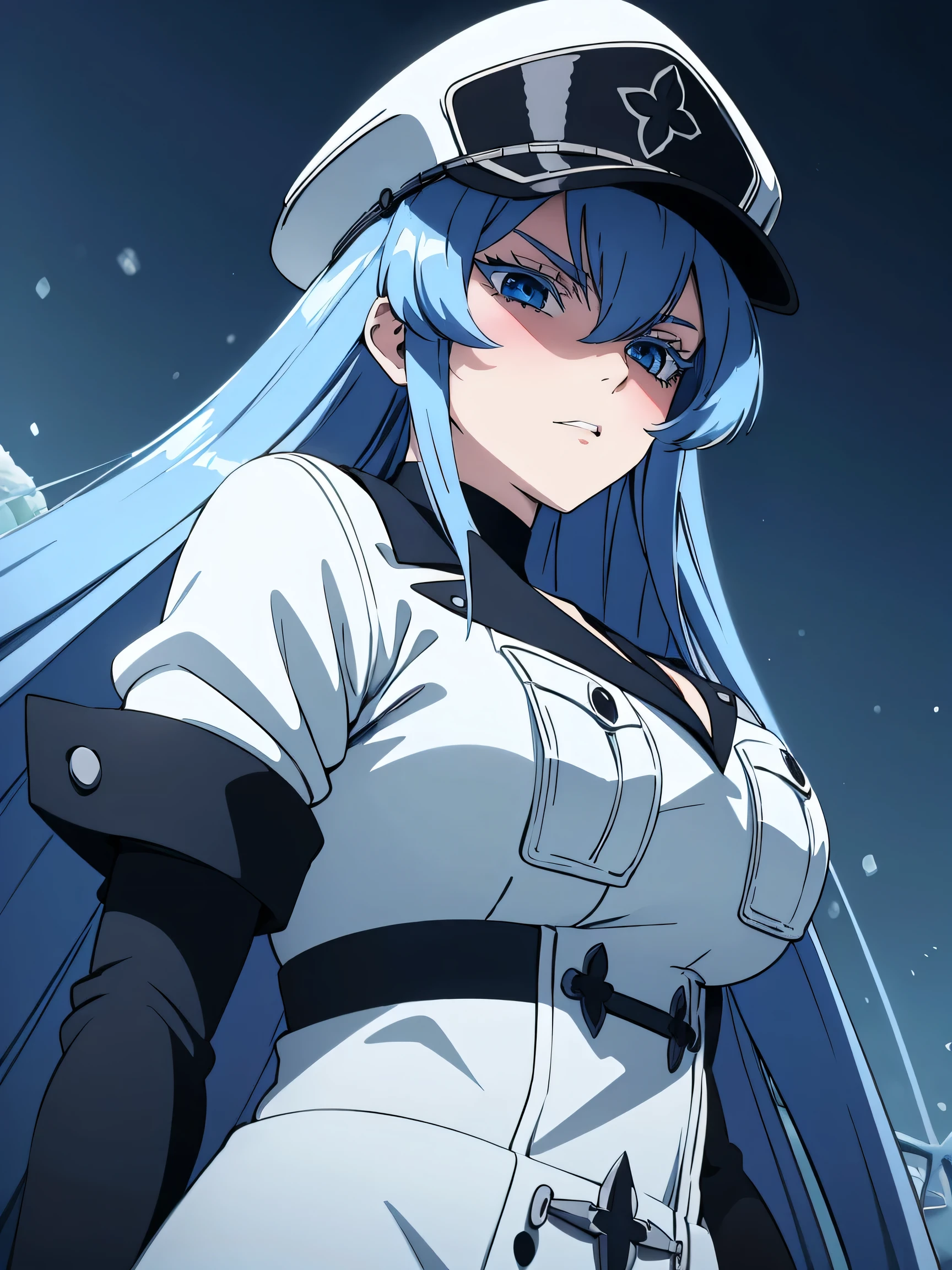 (artwork, best quality) a girl with long blue hair, blue eyes, blue eyelashes, white sailor suit, with a captain's hat, big breasts, angry, a little blushing, in a winter place, ice