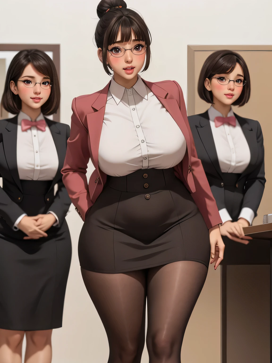 (highres, high quality:1.3), intricate details, cinematic lighting, sharp focus, depth of field,
KuroseKatsuko, 1girl, solo, full body, complate body mature female, looking at viewer, standing, white background, siple background,
serious, embarrassed, blush, holding book, open mouth,
[brown|black] hair, short hair, blunt bang, hair bun, ribbon, makeup, lipstick, eyelashes, brown eyes, detailed eyes, glasses, perfect face, cute nose, beautiful face, perfect face, illuminated face, thick lips, blushes, symmetrical face, beautiful detailed face, human ears, seductive, pleasure expression, orgasm expression,
suit, jacket, skirt, black pantyhose, tight clothes,
huge breasts, curvy, thighs, wide hips, large hips, thick thights, huge thights, hourglass figure, big breasts, huge breasts, large breasts, big butt, huge butt, very slim stomach, thin belly,