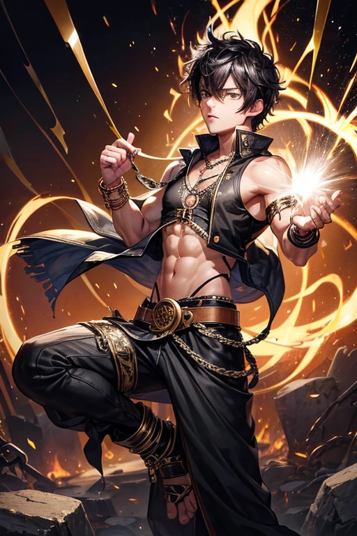 Taylor Lautner, 20 years old, short dark brown black hair, short messy hair, black eyes, djinn clothing, light silver sleeveless open vest, light silver vest with black Arabic print, light black Arabic pants, gold belt, bracelet djinn with silver gems, brown boots, phosphorescent yellow tattoos, surrounded by fire and blue smoke, hands tied with chains and feet surrounded by white chains, red magic circles on each hand on a background of Arabian ruins.