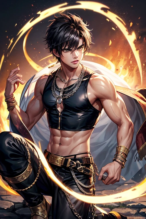 Taylor Lautner, 20 years old, short dark brown black hair, short messy hair, black eyes, djinn clothing, light silver sleeveless open vest, light silver vest with black Arabic print, light black Arabic pants, gold belt, bracelet djinn with silver gems, brown boots, phosphorescent yellow tattoos, surrounded by fire and blue smoke, hands tied with chains and feet surrounded by white chains, red magic circles on each hand on a background of Arabian ruins.